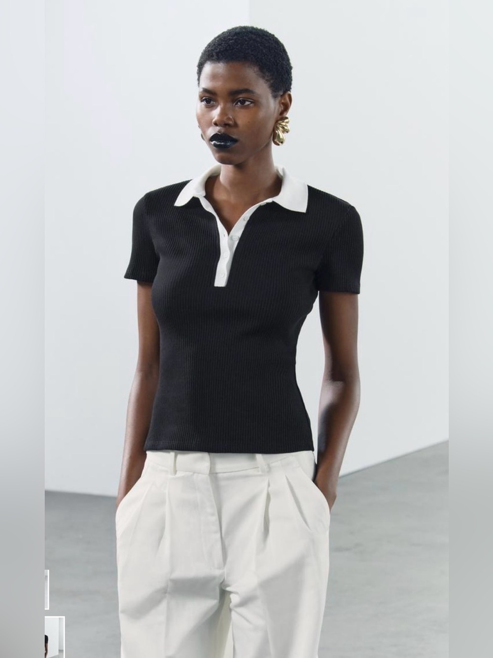 ZARA Ribbed Polo Knit Top with Contrast Collar - Black/White